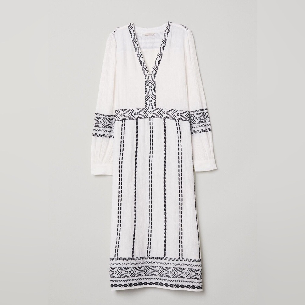 Beautiful H&M WHITE with BLACK EMBROIDERED DRESS, Size 2